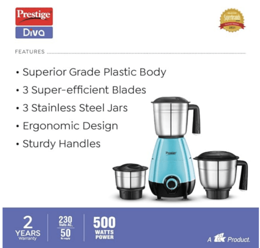Prestige 500 Watts DIVA Mixer Grinder with 3 stainless Steel Jars|3 super efficient blades|2 years warranty|(Blue & Black) - Image 2